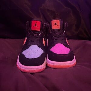 Kids Air Jordan Style Sneakers - Black with Pink & Light Blue Accents